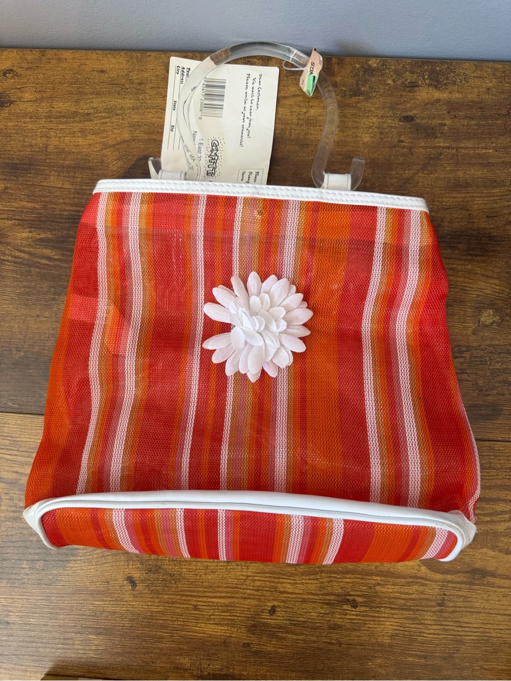 Vintage Confetti By Cudlie Mesh Tote Bag Orange Stripe‎ Clear Handle NOS Y2K